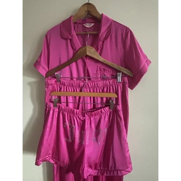 Juicy couture women’s three-piece pajama set large hot pink silky rhinestones - Picture 2 of 12